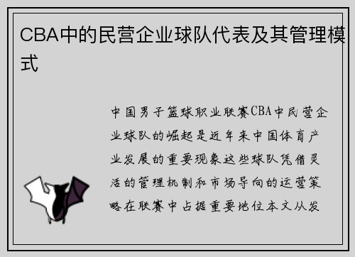 CBA中的民营企业球队代表及其管理模式